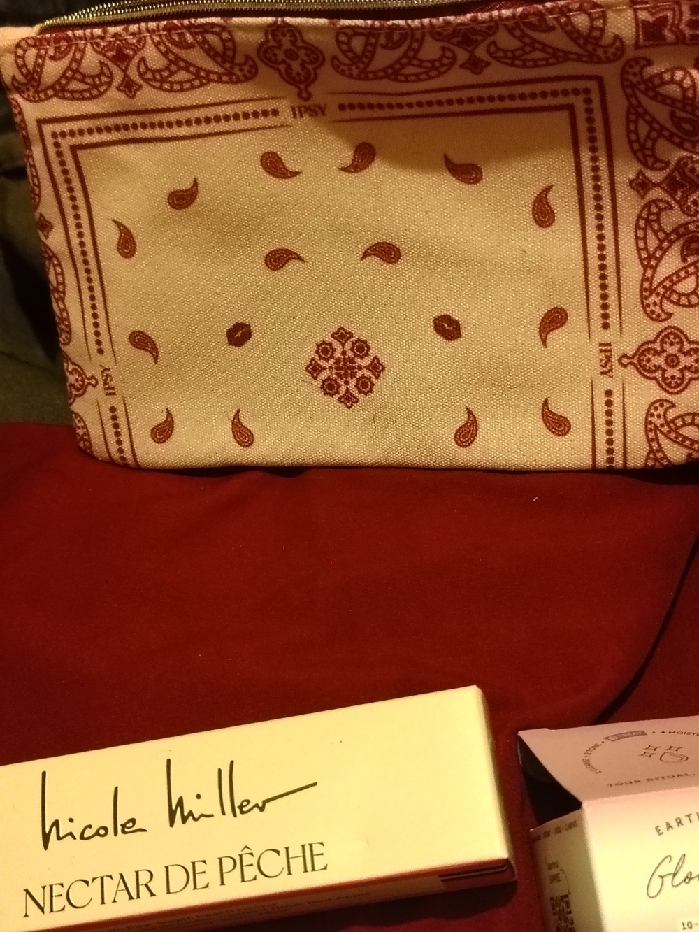 ipsy Beige and Burgundy Paisley Cosmetic Bag